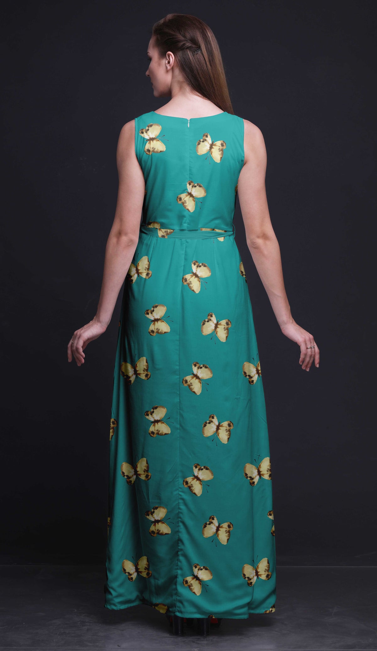 thumbnail image 2 of Bimba Butterfly Women Round Neck Printed Evening PartyÂ&nbsp;DressÂ&nbsp;Sleeveless Gown-Large, 2 of 5