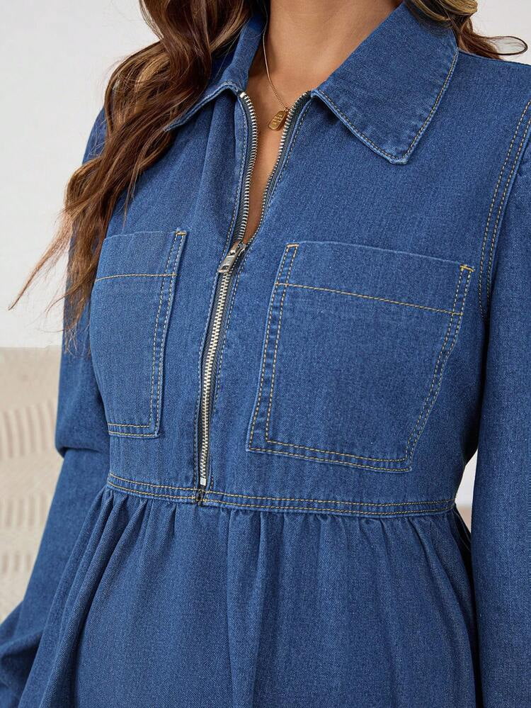 thumbnail image 7 of Blue Maternity Denim Dress with Front Zipper and Collar, 7 of 7