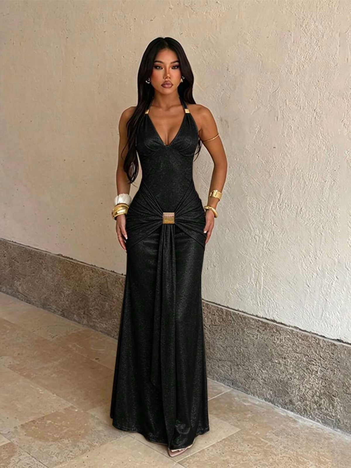 thumbnail image 4 of Black Metallic Halter Maxi Dress For Women, Deep V Neck Ruched Waist Gown, 4 of 5