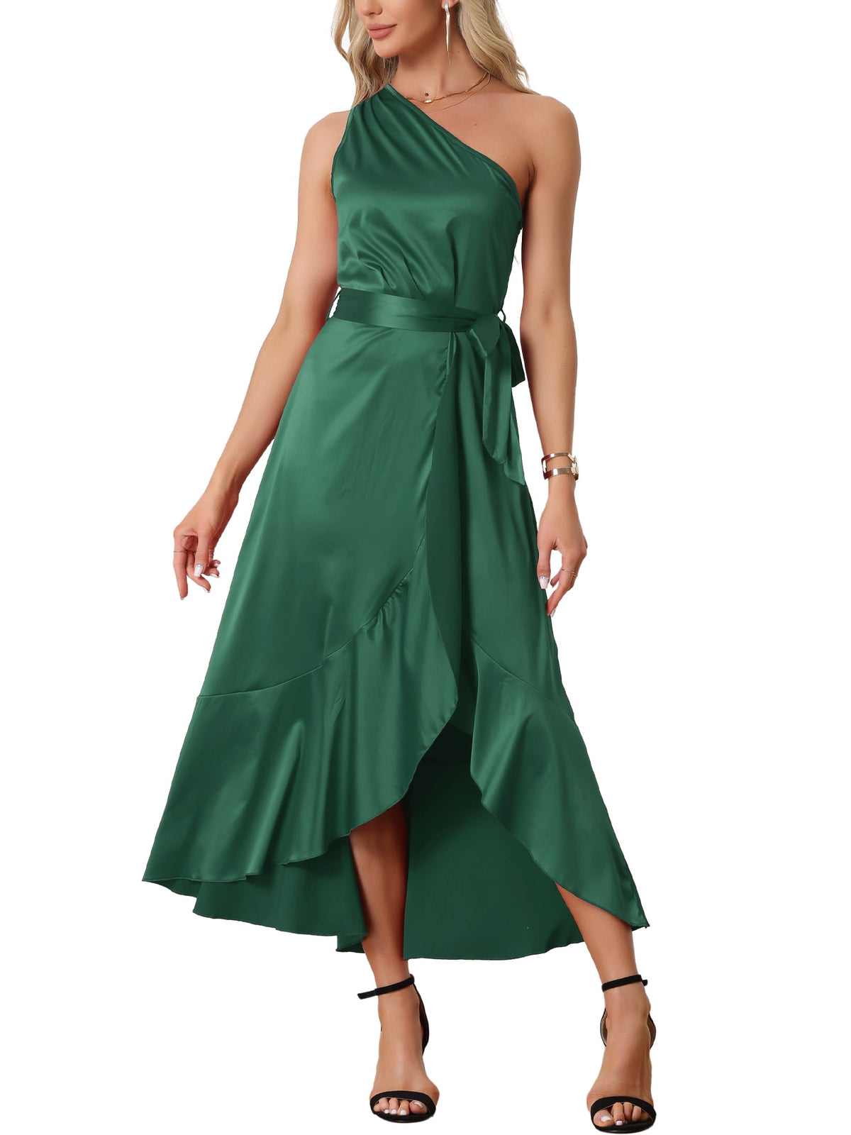 thumbnail image 2 of INSPIRE CHIC Women's Satin Sleeveless One Shoulder Belted Split Ruffle Evening Cocktail Dress XL Dark Green, 2 of 6
