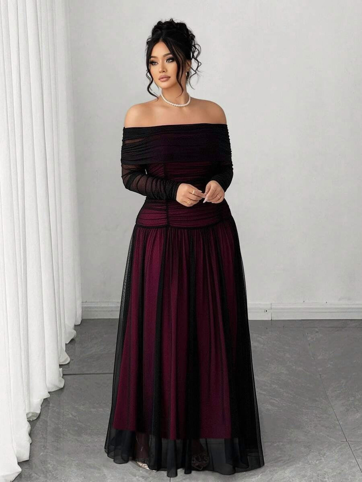 thumbnail image 4 of Multicolor Elegant Off-Shoulder Long Sleeve Bodycon Dress, 4 of 7