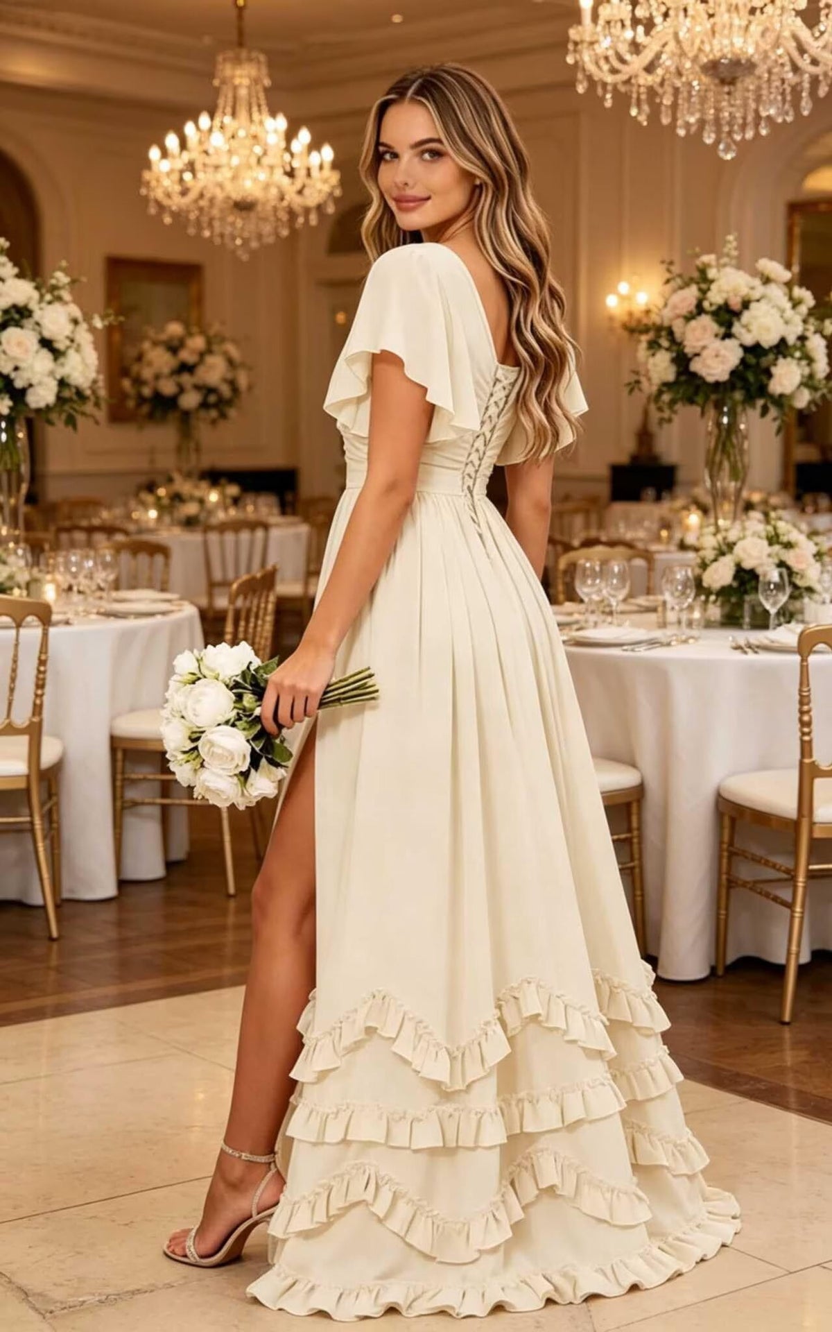 thumbnail image 3 of optkeat Chiffon V Neck Ruffle Bridesmaid Dress, Flutter Sleeve Split Floor Length Formal Gown, 3 of 7