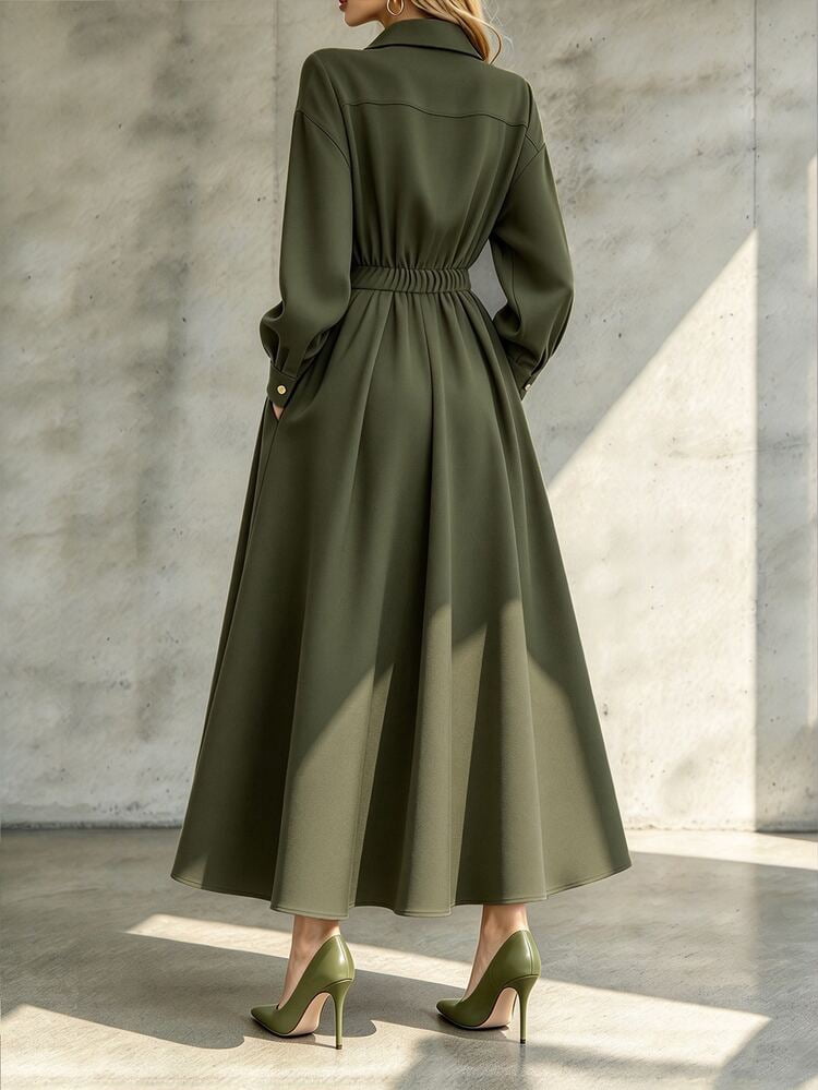 thumbnail image 2 of Army Green Long Sleeve A-Line Vacation Dress with Waist Gathered, 2 of 4