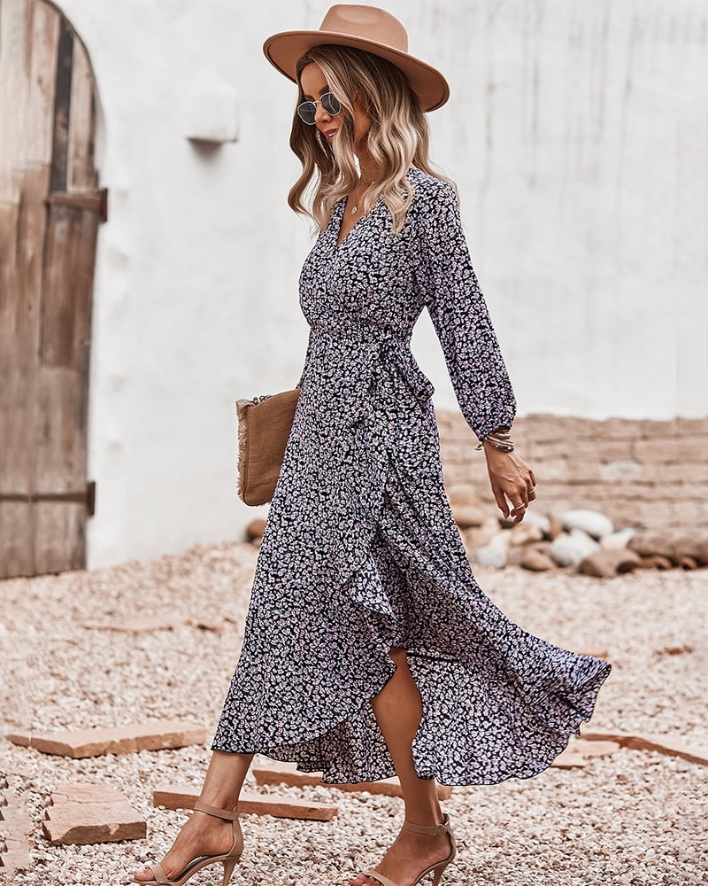 thumbnail image 1 of Floral Print Surplice Neck Bishop Sleeve Wrap Style Midi Dress, 1 of 3