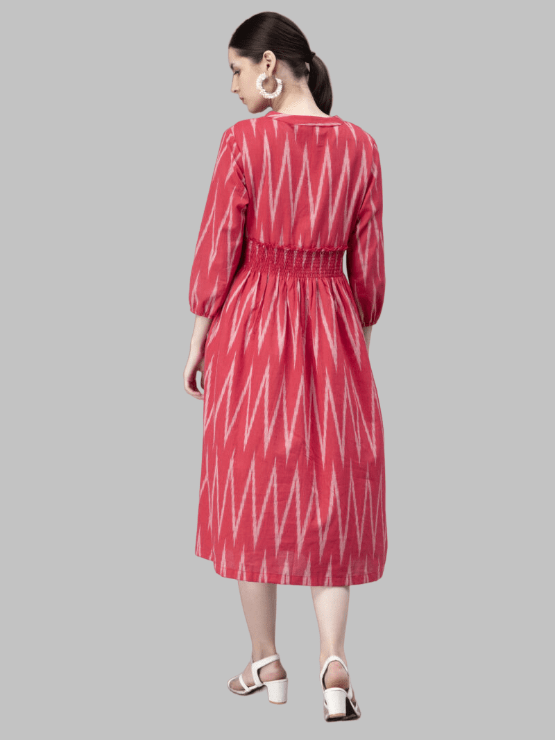 thumbnail image 3 of Entellus Ikkat Flared Knee Length Red Dress with V-Neck, Cotton Fabric, 3 of 4