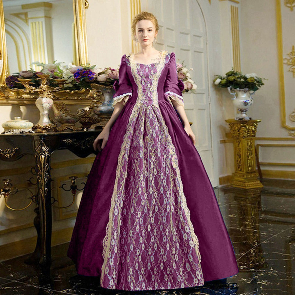 thumbnail image 2 of XIAOCHA Womens Rococo Royal Vintage Theme Floor Gown Three Quarter Bow Sleeve Voluminous Skirt Ball Banquet Maxi Dress, 2 of 5
