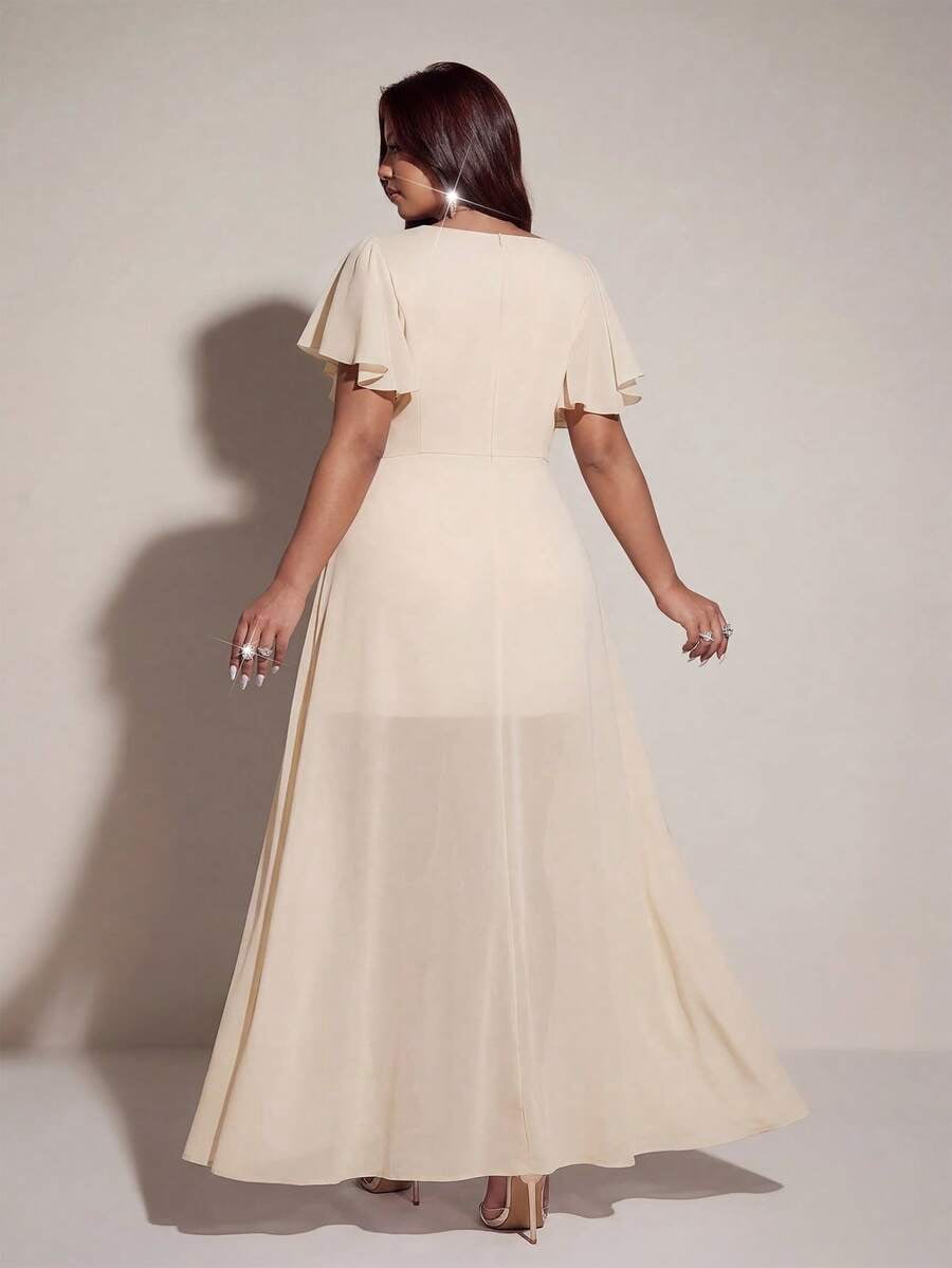 thumbnail image 2 of Womens Elegant Romantic Apricot V-Neck Short Sleeve Flowing Dress, 2 of 6