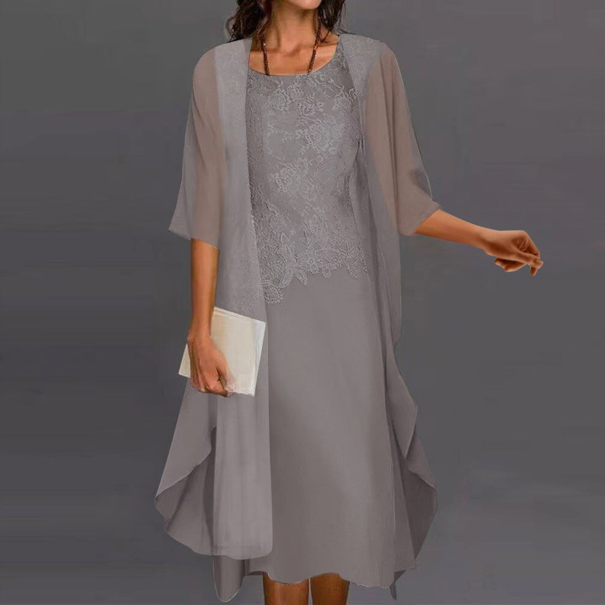thumbnail image 2 of Women'S Summer Dresses Women'S Casual Fashion Elegant Lace Chiffon Pure Color Dress Two Piece Lace Grey XXXXL, 2 of 6
