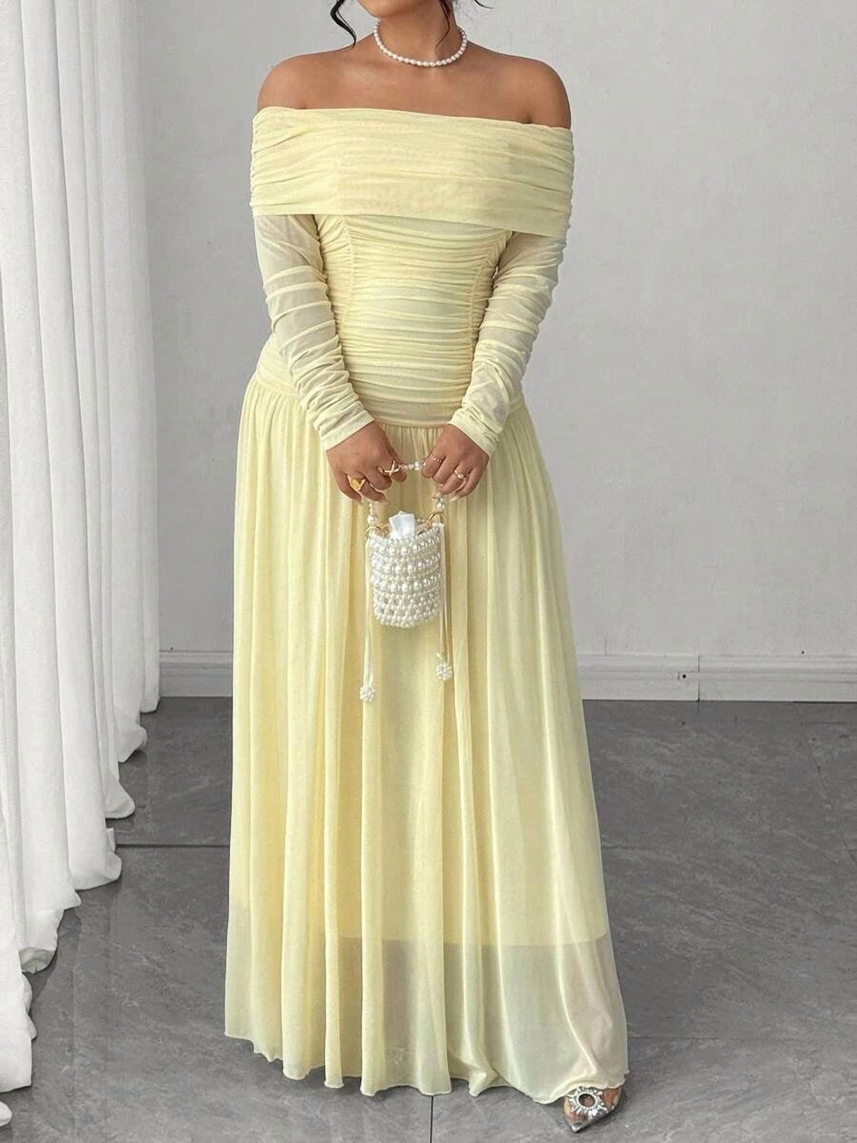 thumbnail image 4 of Elegant Yellow Off-Shoulder Long Sleeve Ruched Bodycon Maxi Dress, 4 of 5