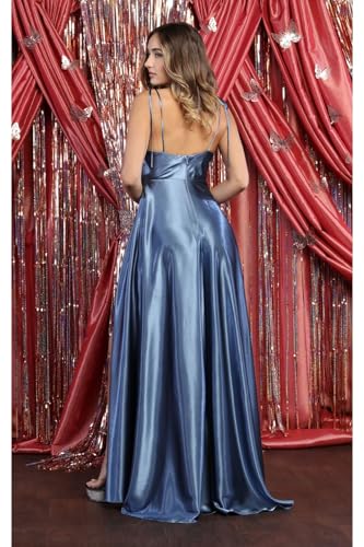 thumbnail image 2 of Women's May Queen MQ1901 Scoop Neck High Slit Long Satin Bridesmaid Dress Champagne Goldish Beige 2, 2 of 9