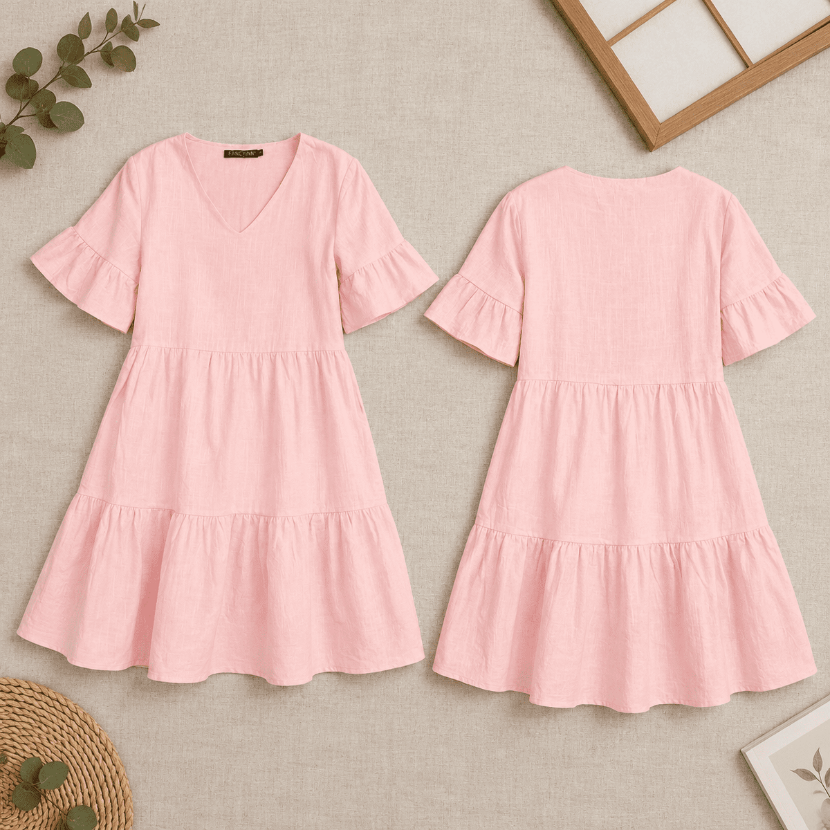 thumbnail image 5 of Women's Pink V-Neck Bell Sleeve Ruffle Hem Mini Shift Dress with Pockets, 5 of 5