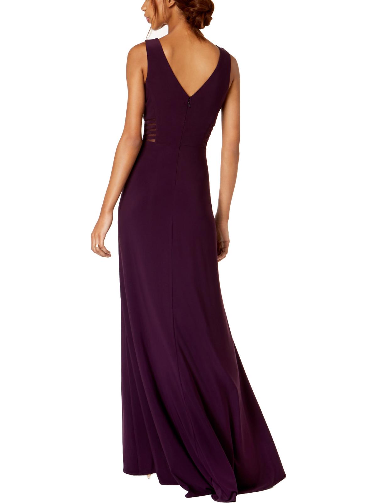 thumbnail image 2 of MORGAN & CO Womens Purple Sheer Slitted Sleeveless V Neck Full-Length Formal Pencil Dress Juniors 1\2, 2 of 2