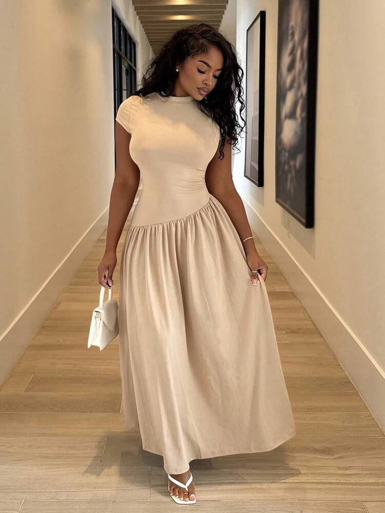 thumbnail image 4 of Khaki Asymmetrical A Line Midi Dress With Stand Collar And Cinch Waist, 4 of 6
