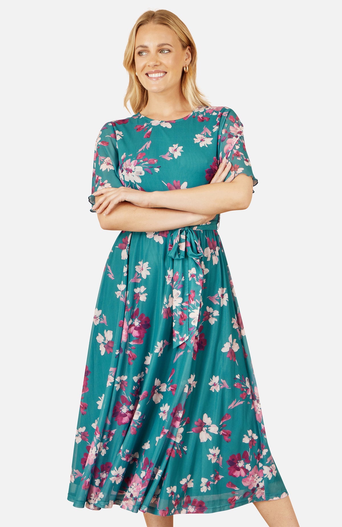 thumbnail image 4 of Yumi Mesh Skater Floral Midi Dress - Blue, 4, 4 of 5