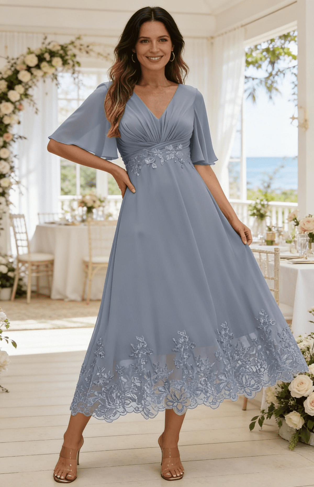 thumbnail image 4 of optkeat Tea Length Mother of the Bride Dress for Women, V Neck Flutter Sleeve Chiffon Formal Evening Dress with Lace Appliques, 4 of 8
