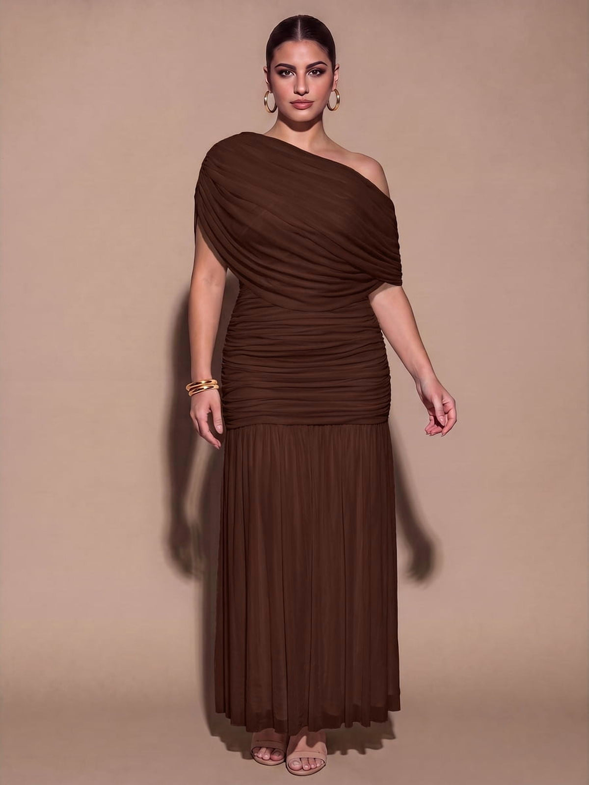 thumbnail image 7 of Womens Coffee Brown One Shoulder Long Dress, Elegant Pleated Party Gown, 7 of 7