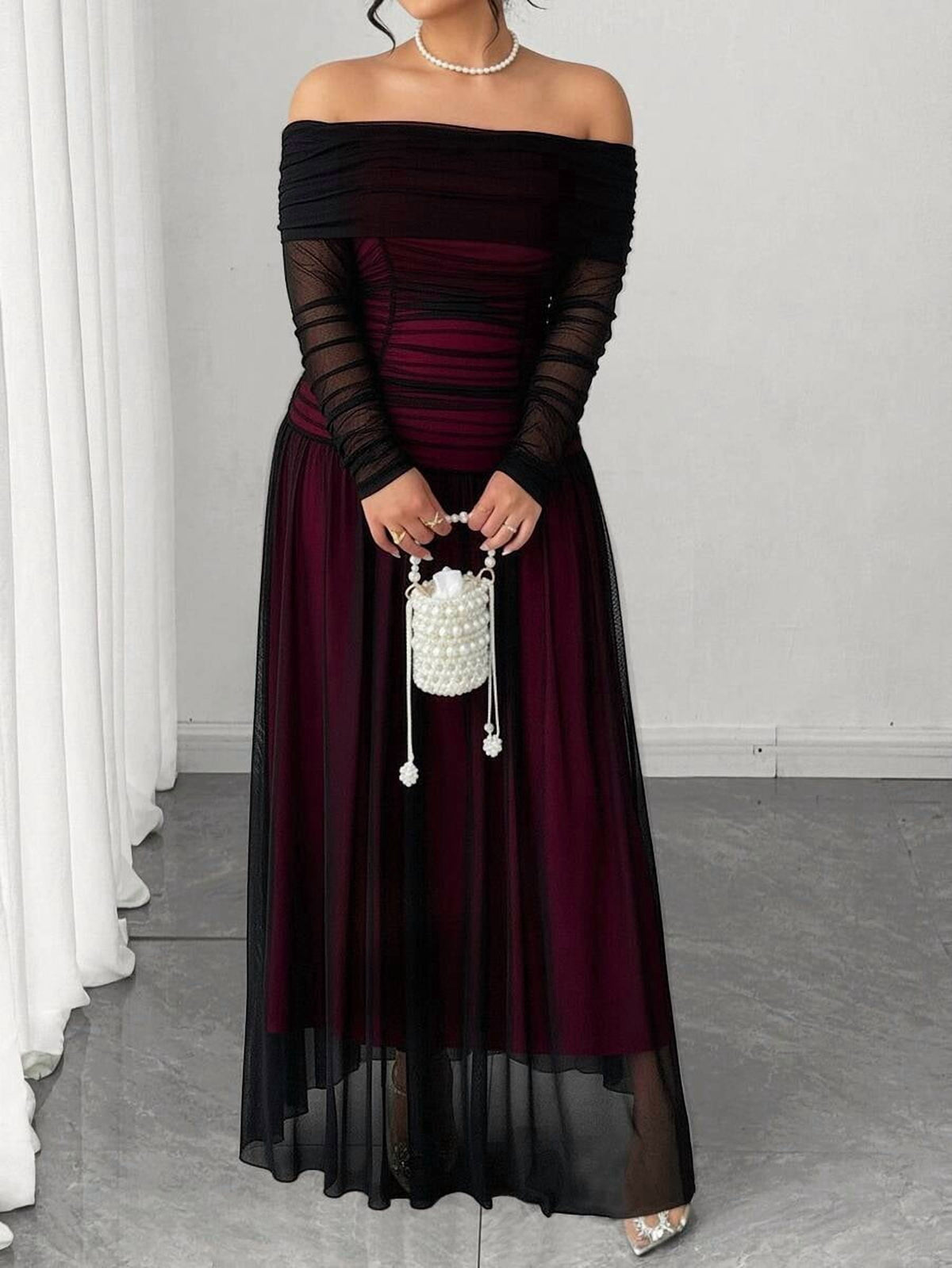 thumbnail image 5 of Multicolor Elegant Off-Shoulder Long Sleeve Bodycon Dress, 5 of 7