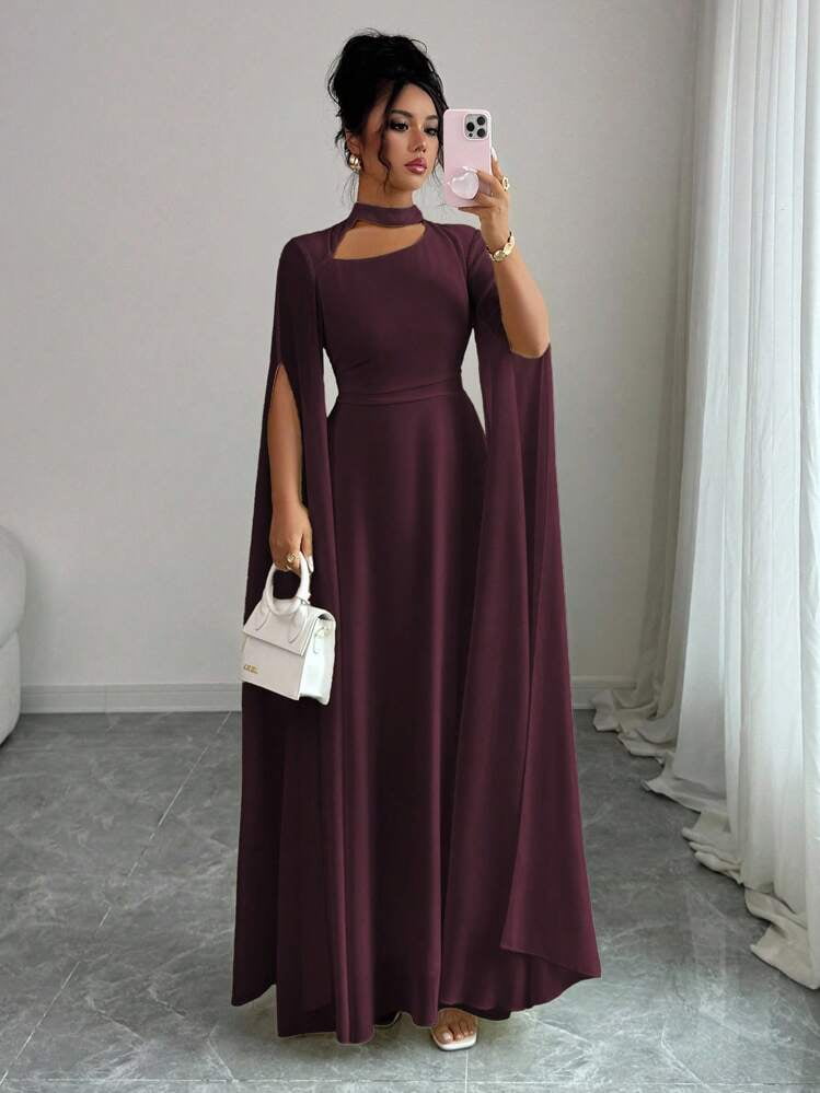 thumbnail image 5 of Maroon Elegant Long Sleeve Cape Dress with Keyhole Neckline, 5 of 8