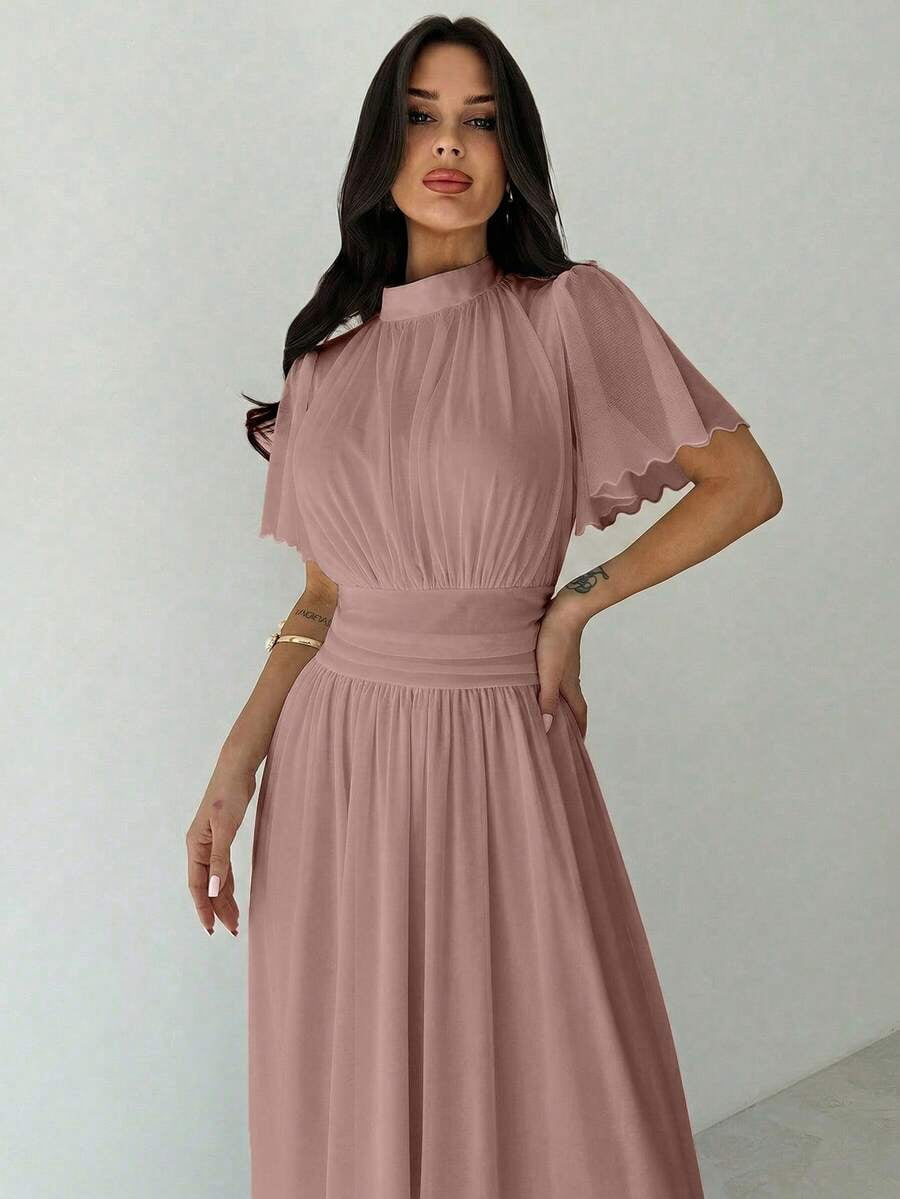 thumbnail image 5 of Womens Elegant Dusty Pink Pleated High Waist A-Line Maxi Dress, Stand, 5 of 6