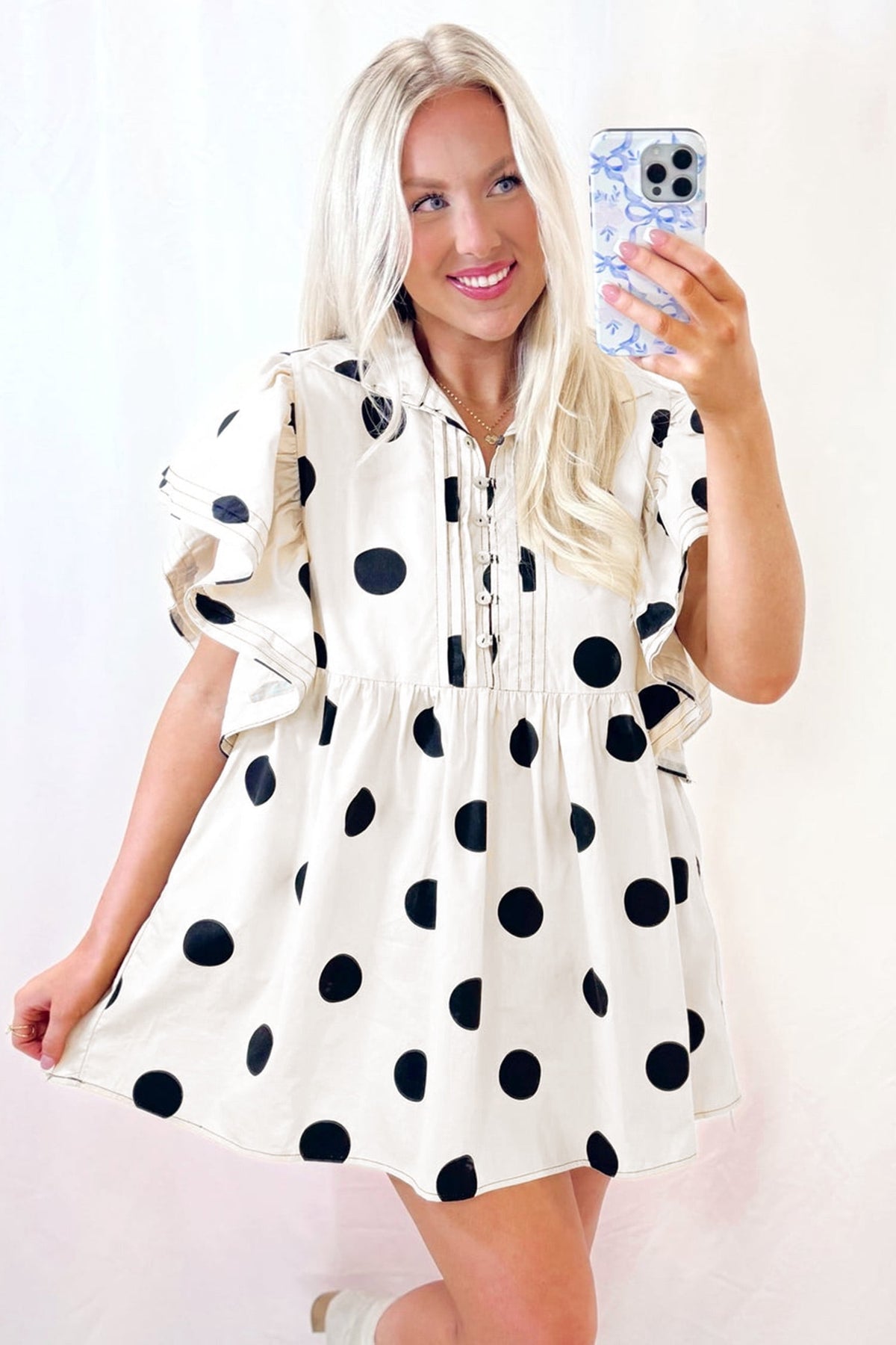 thumbnail image 6 of ZhiHiMeRi Women's Polka Dot Half Button Mini Dress – Ruffled Puff Sleeves, Flowy High Waist Summer Style, Thoughtful Gift XL, 6 of 12