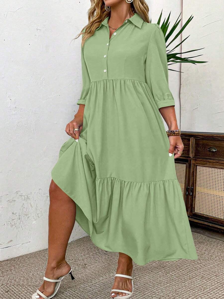 thumbnail image 5 of Plus Size Solid Green Midi Dress with Ruched Front and Button Detail, 5 of 6
