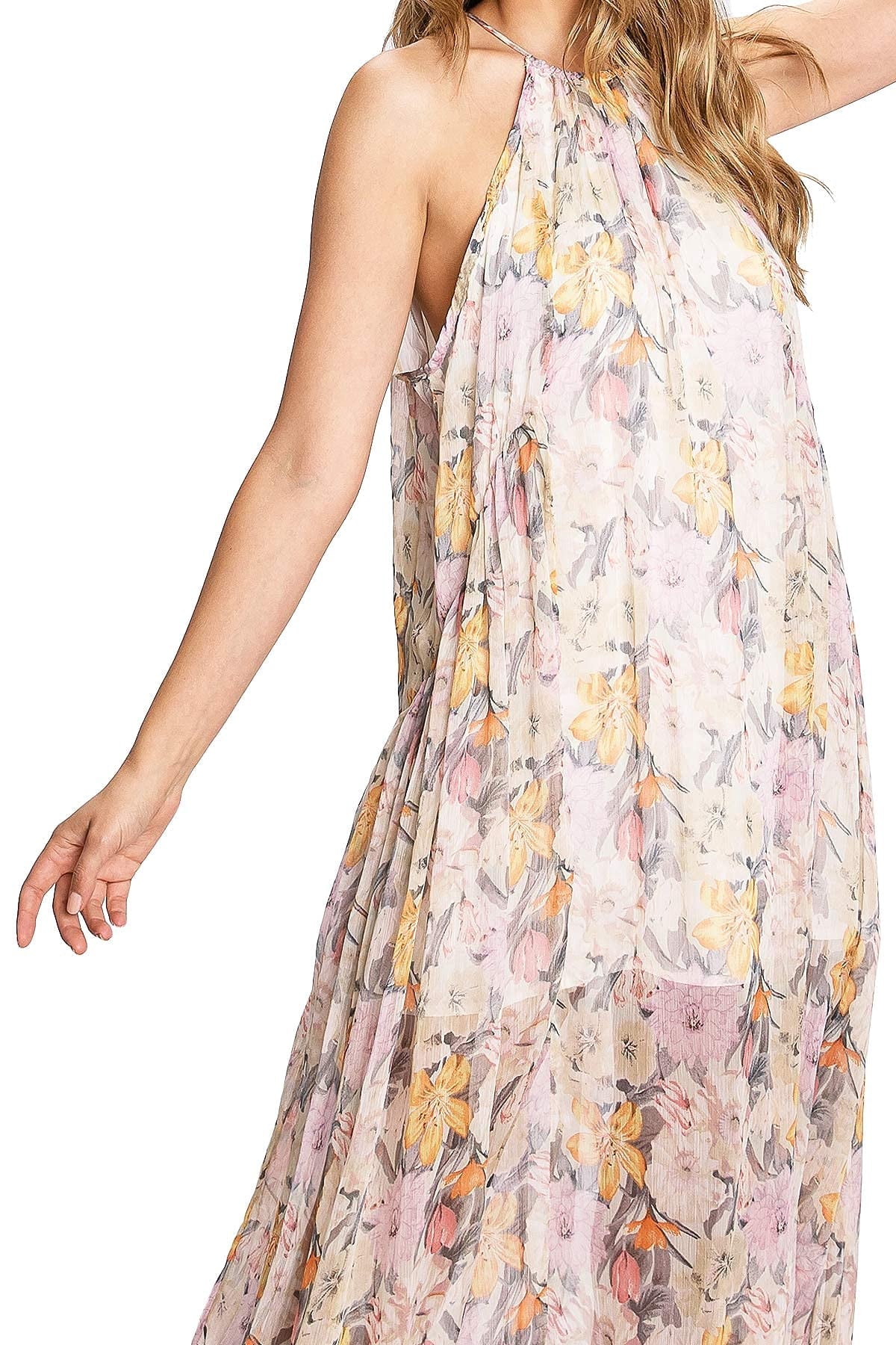 thumbnail image 5 of Aakaa Womens Formal Floral Halter Chiffon A-Line Maxi Dress (Small, Sand), 5 of 5