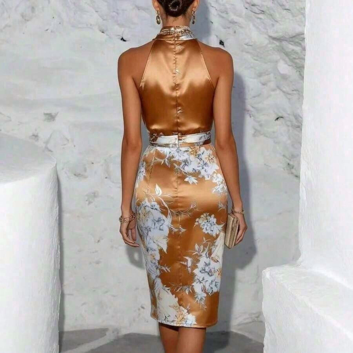 thumbnail image 4 of Floral Print Satin Halter Neck Midi Dress In Bronze Gold, 4 of 7