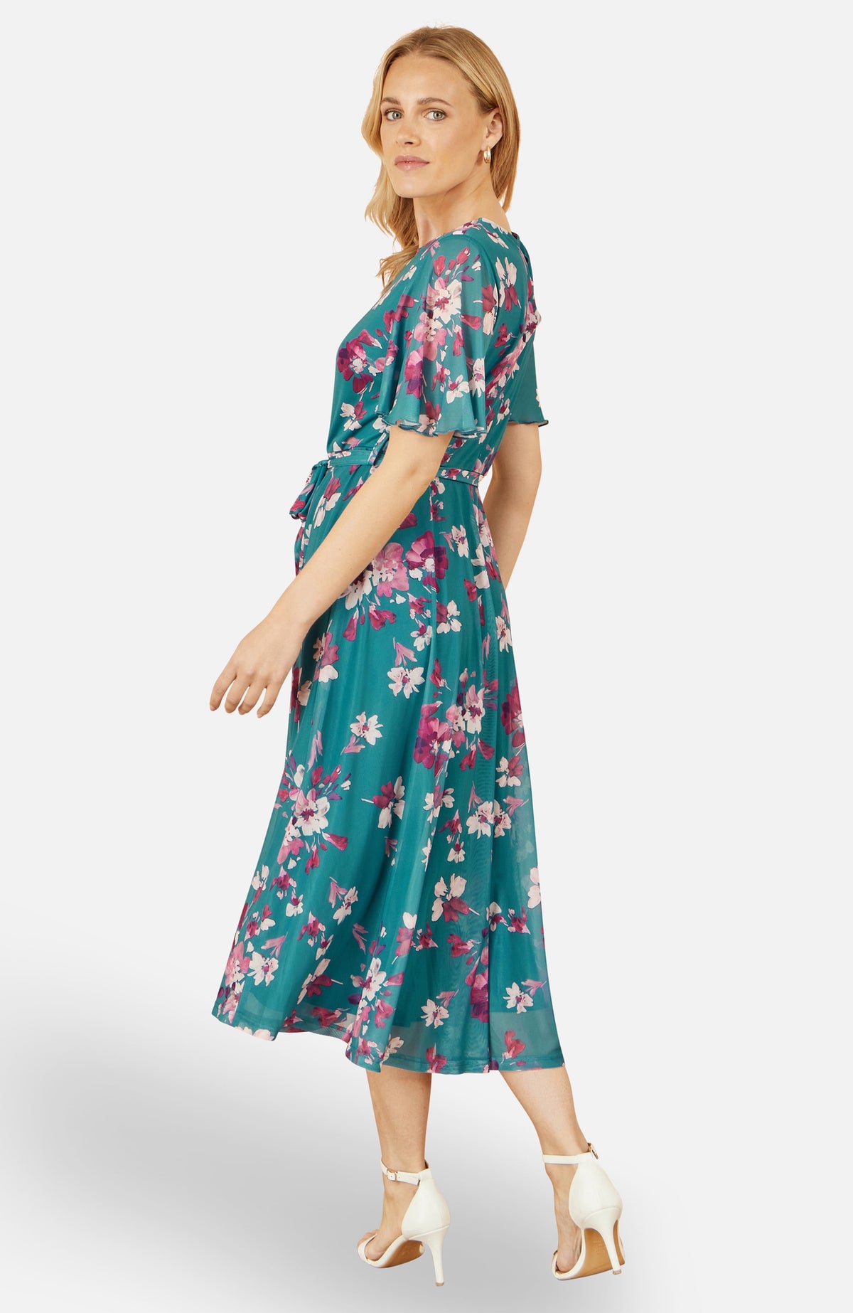 thumbnail image 2 of Yumi Mesh Skater Floral Midi Dress - Blue, 4, 2 of 5
