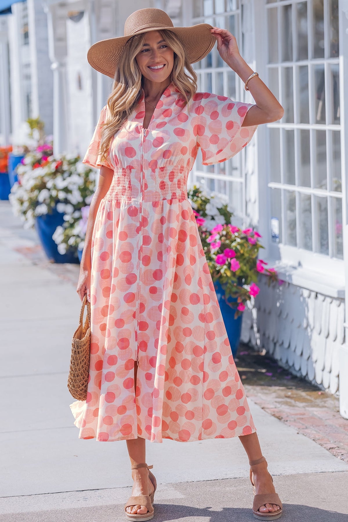 thumbnail image 5 of Women's Pink Polka Dot Maxi Dress – Elegant High Waist A-Line Long Dress with Smocked Waist, XL, 5 of 12