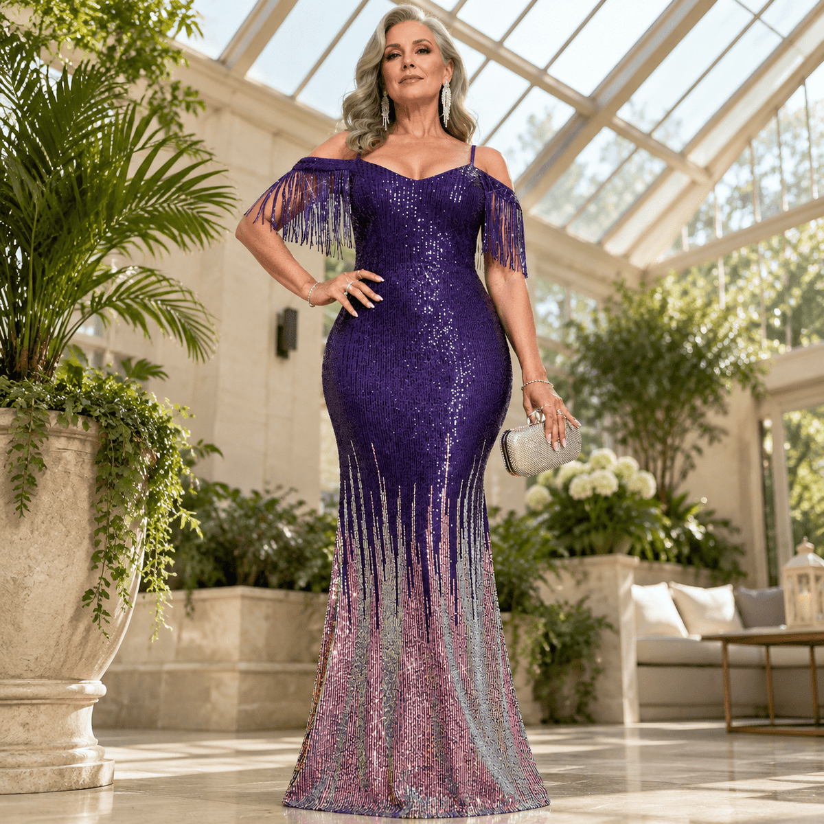 thumbnail image 4 of Women's Purple-pattern 3X-Large Sequin Tassel Off Shoulder Halter Bodycon Formal Evening Gown, 4 of 7