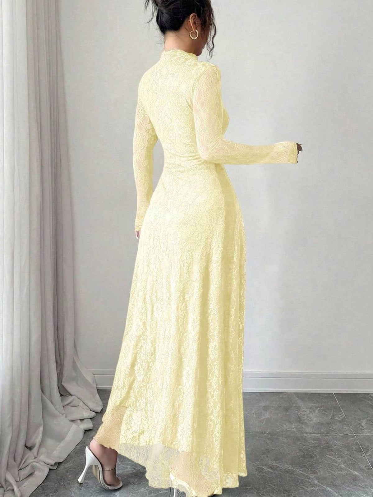 thumbnail image 2 of Light Yellow High Neck Sheer Floral Lace Long Sleeve Maxi Dress, Flowy, 2 of 5