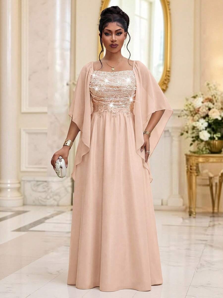 thumbnail image 5 of Plus Size Elegant Baby Pink Evening Dress With Lace Bodice And Cape, 5 of 7