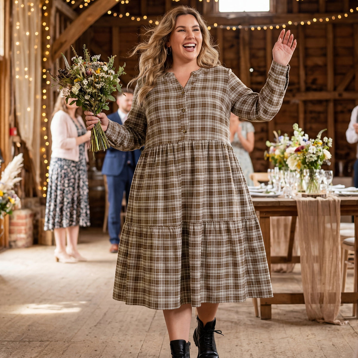 thumbnail image 3 of GRACE & GRANDEUR Women's Plus Size Halloween Outfits Plaid A-Line Dress Button Front Notch Neck Long Sleeve Tiered Casual Dresses with Pockets 1X Brown, 3 of 8