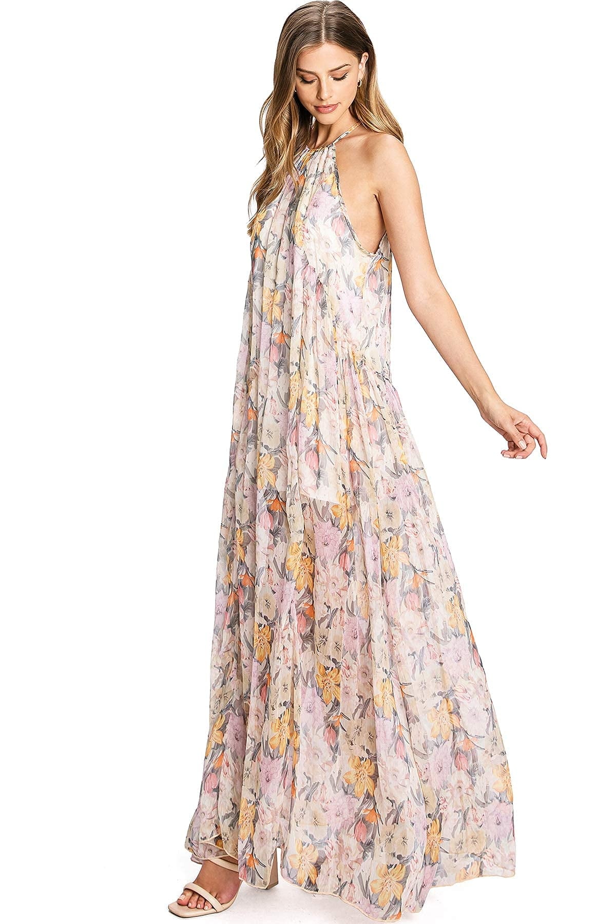 thumbnail image 1 of Aakaa Womens Formal Floral Halter Chiffon A-Line Maxi Dress (Small, Sand), 1 of 5