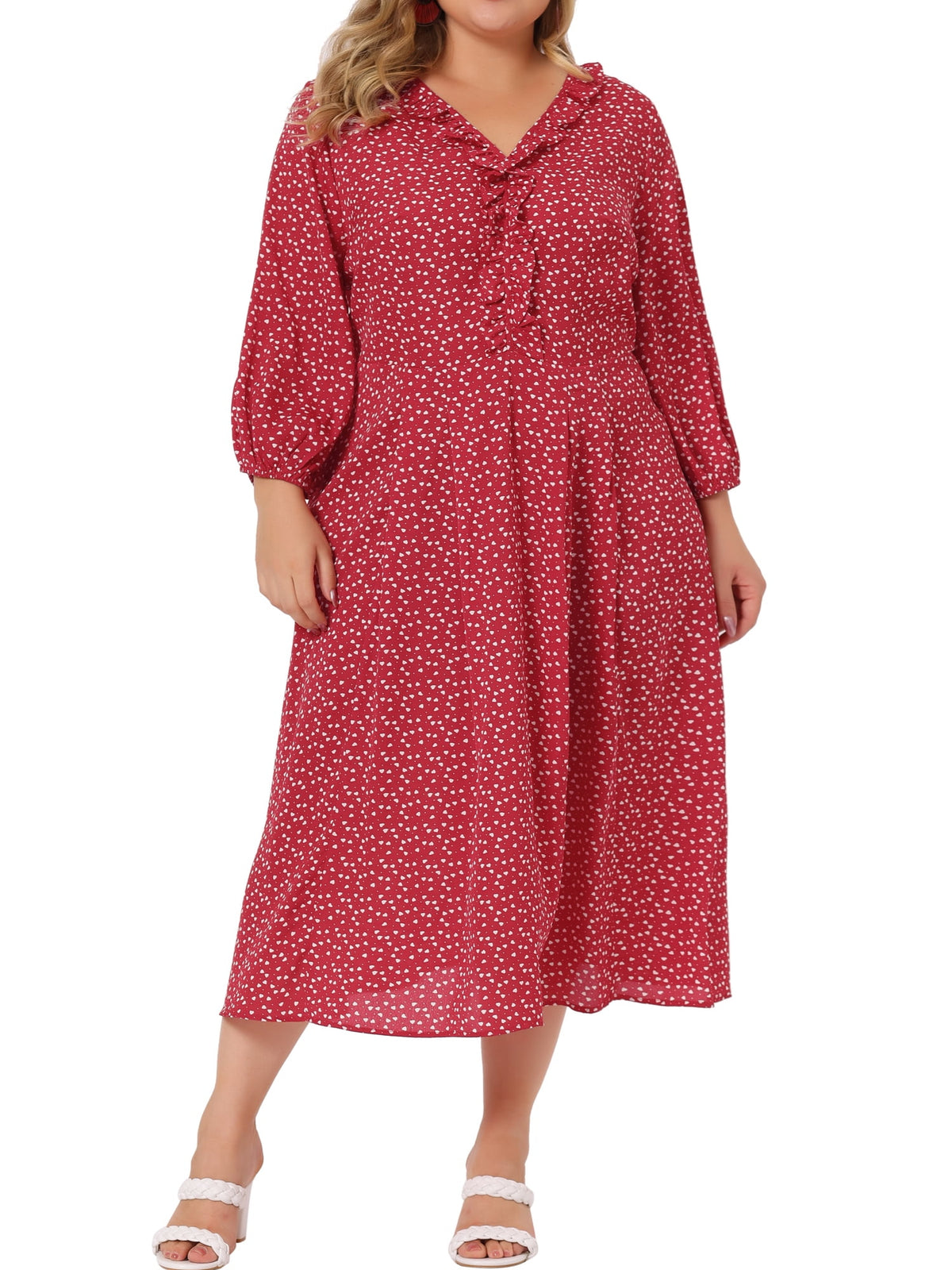 thumbnail image 1 of Agnes Orinda Women's Plus Size Dress Long Sleeves V Neck Ruffle Dresses 3X Red, 1 of 6