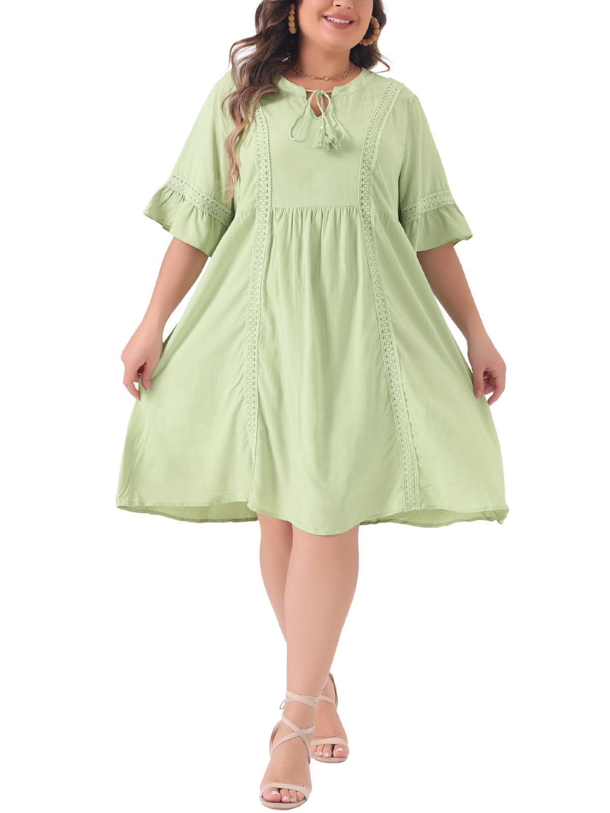 thumbnail image 1 of Agnes Orinda Women's Plus Size Ruffle Sleeve Lace Insert Tassel Bohemian Midi Dress 2X Light Green, 1 of 6