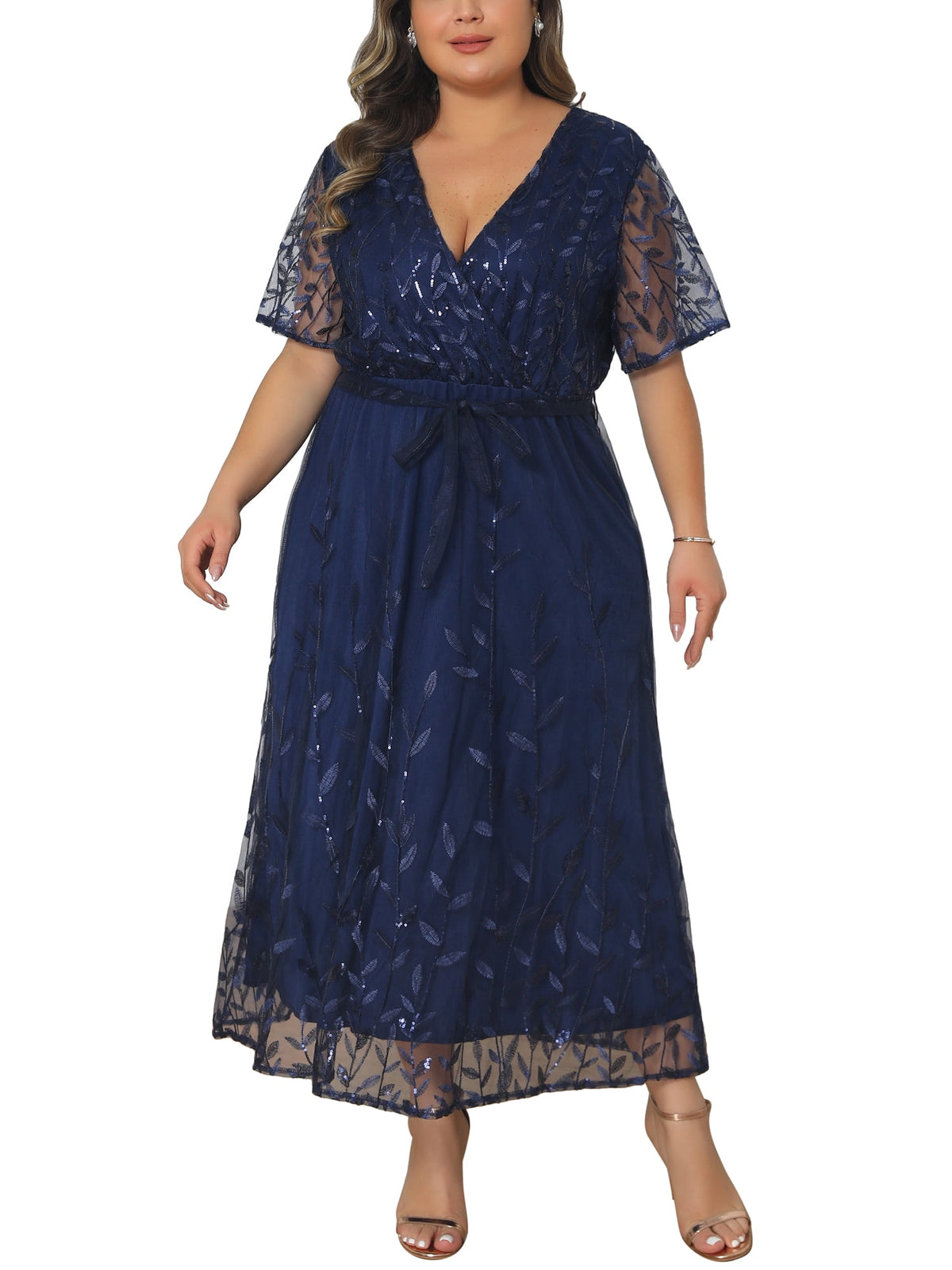 thumbnail image 1 of Agnes Orinda Women's Plus Size Wedding Guest Dress Sequin Printed Pattern Wrap V Neck Short Sleeve Cocktail Party Prom Long Dresses with Tie Waist 1X Navy Blue, 1 of 7