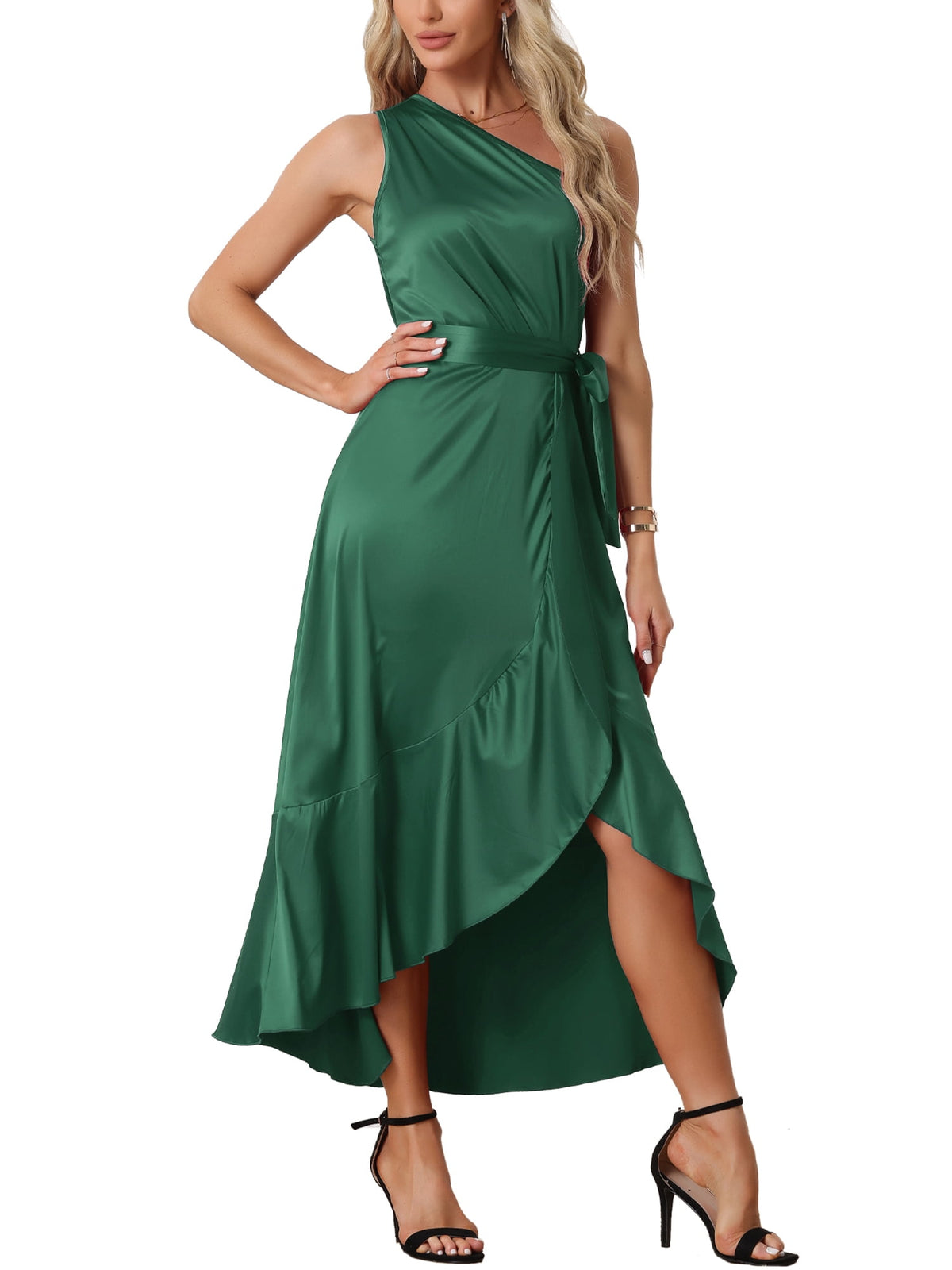 thumbnail image 1 of INSPIRE CHIC Women's Satin Sleeveless One Shoulder Belted Split Ruffle Evening Cocktail Dress XL Dark Green, 1 of 6