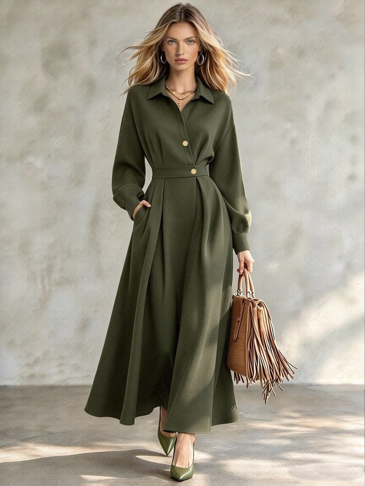 thumbnail image 1 of Army Green Long Sleeve A-Line Vacation Dress with Waist Gathered, 1 of 4