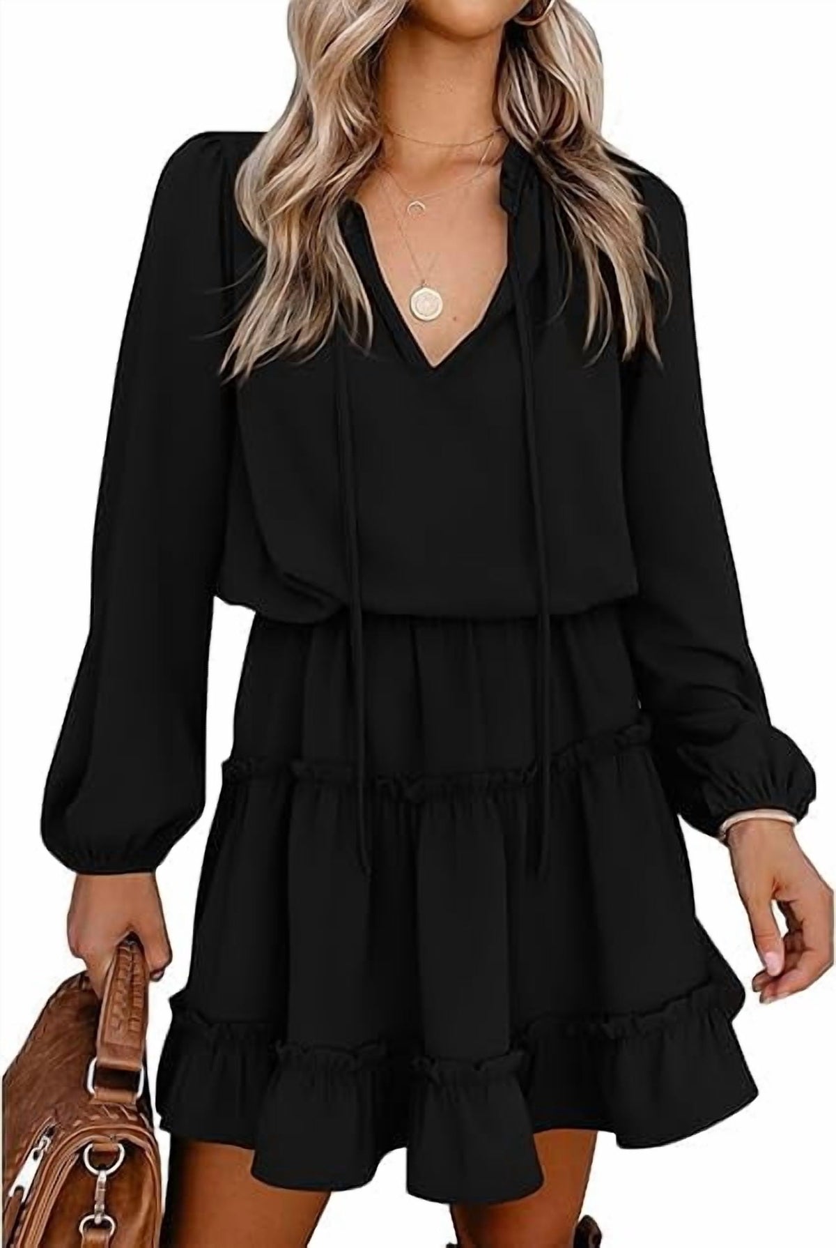 thumbnail image 1 of BTFBM Long Sleeve Summer Dresses for Women Casual Tie Neck Ruffle Tiered A Line Mini Spring Wedding Guest Dress, 1 of 9