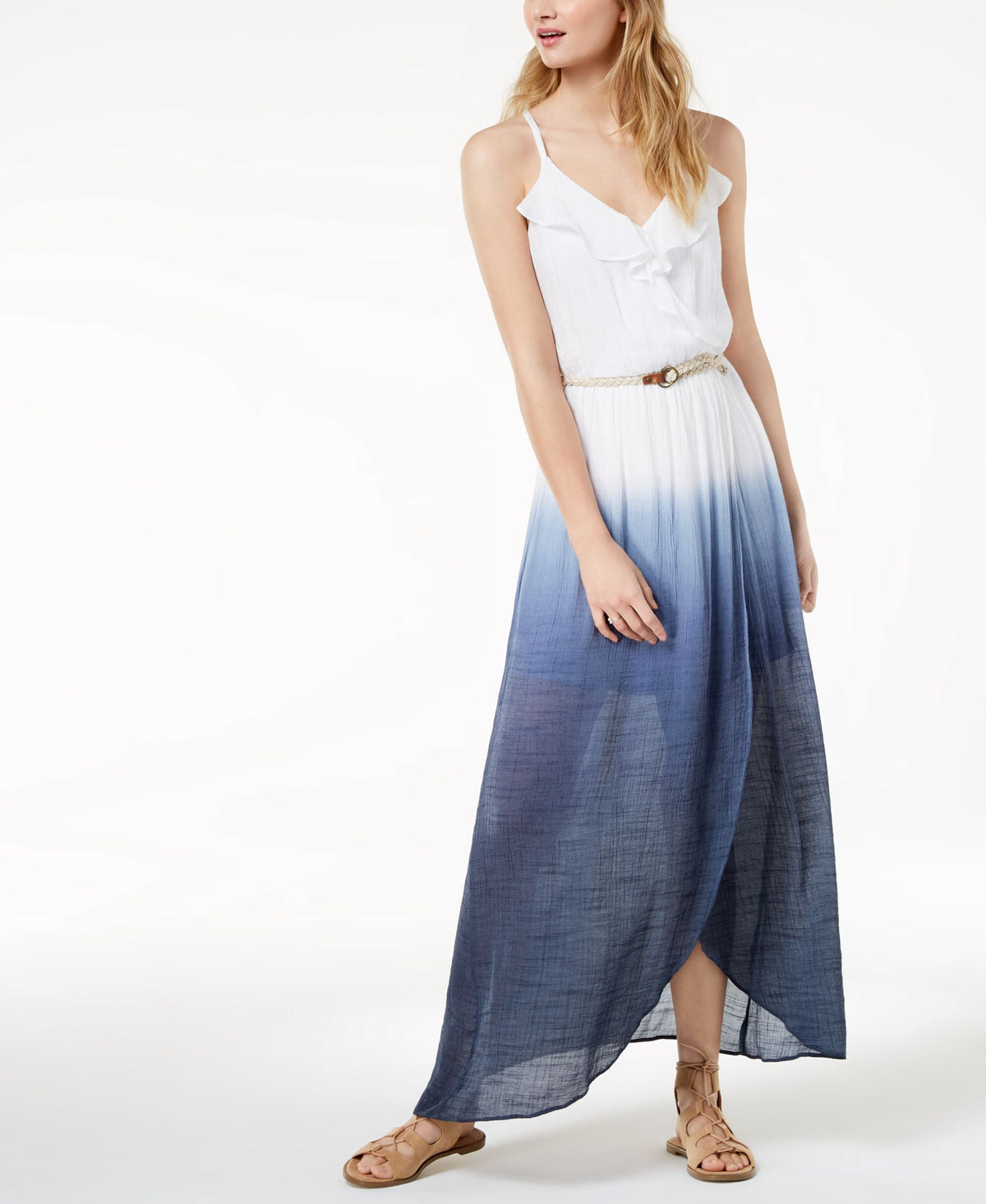 thumbnail image 1 of Bcx Juniors Dip Dyed Wrap Maxi Dress With Belt White Navy XS, 1 of 1