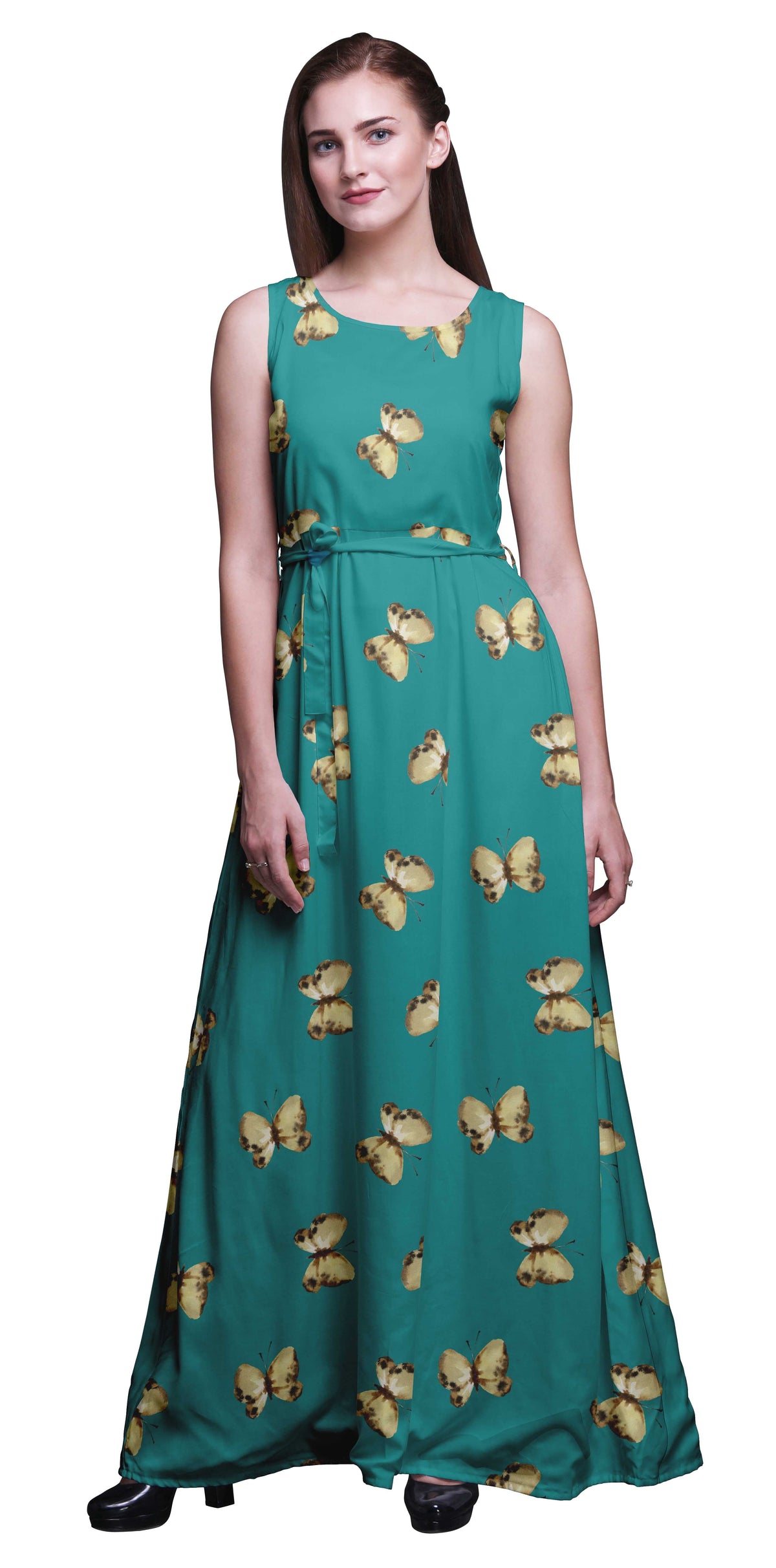 thumbnail image 1 of Bimba Butterfly Women Round Neck Printed Evening PartyÂ&nbsp;DressÂ&nbsp;Sleeveless Gown-Large, 1 of 5