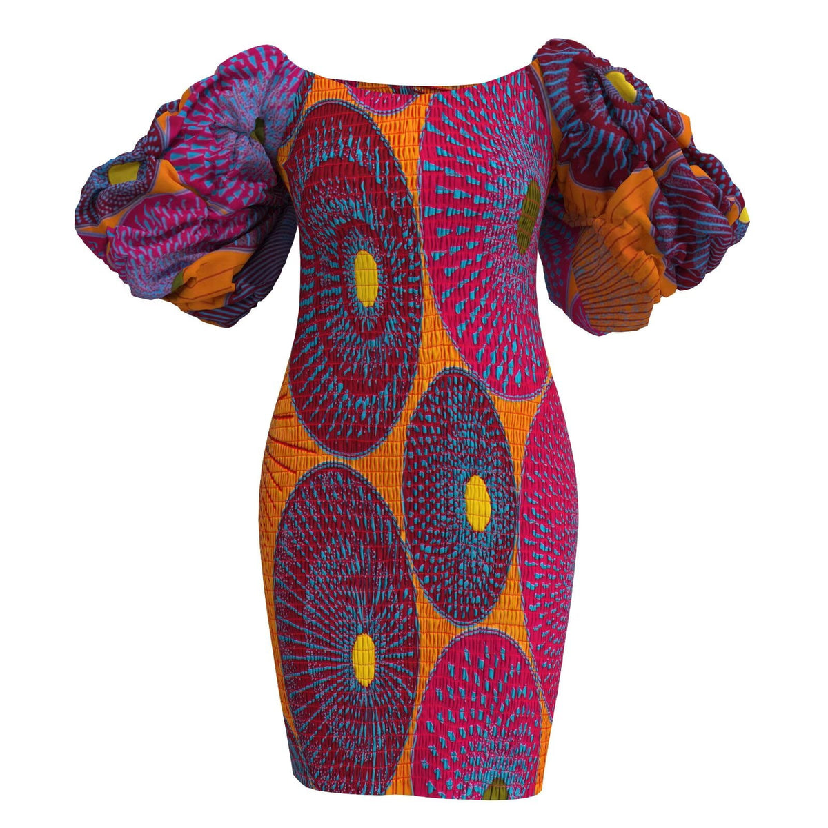 thumbnail image 1 of Bintarealwax Women's Sexy Smocked Dress African Print Puff Sleeve Bodycon Mini Dress Club Party Summer, 1 of 5