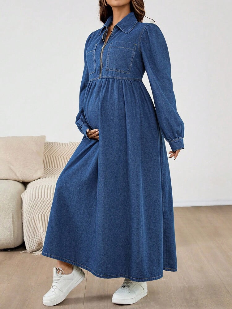 thumbnail image 1 of Blue Maternity Denim Dress with Front Zipper and Collar, 1 of 7