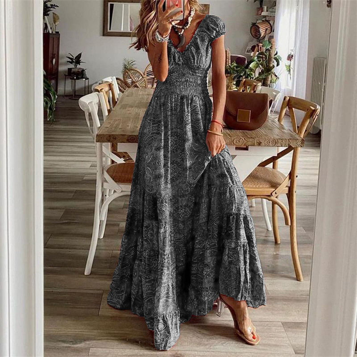 thumbnail image 1 of Bohemian style waist-cinching long dress with printed pattern and large hem for women, 1 of 8