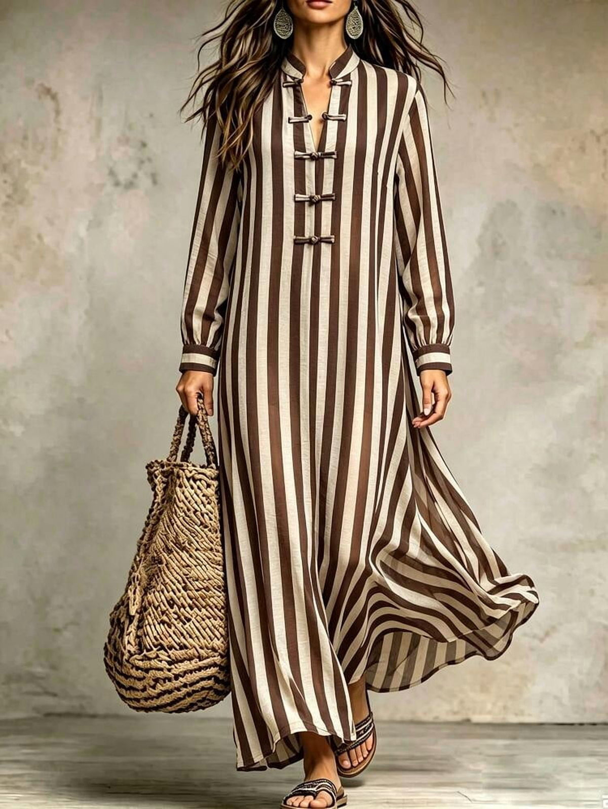 thumbnail image 1 of Coffee Brown Long Sleeve Frog Button Loose Maxi Dress, 1 of 4
