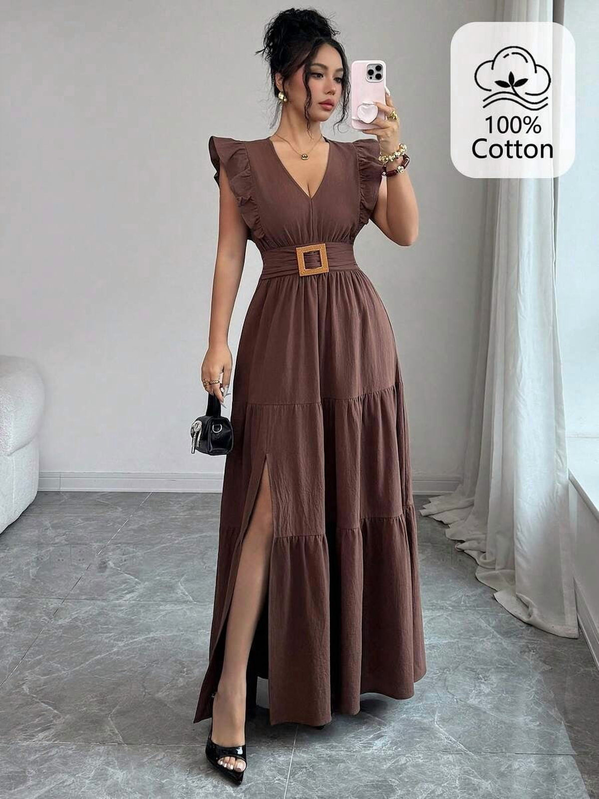 thumbnail image 1 of Coffee Brown V-Neck Ruffle Sleeve Tiered Maxi Dress With Belt And Side, 1 of 7