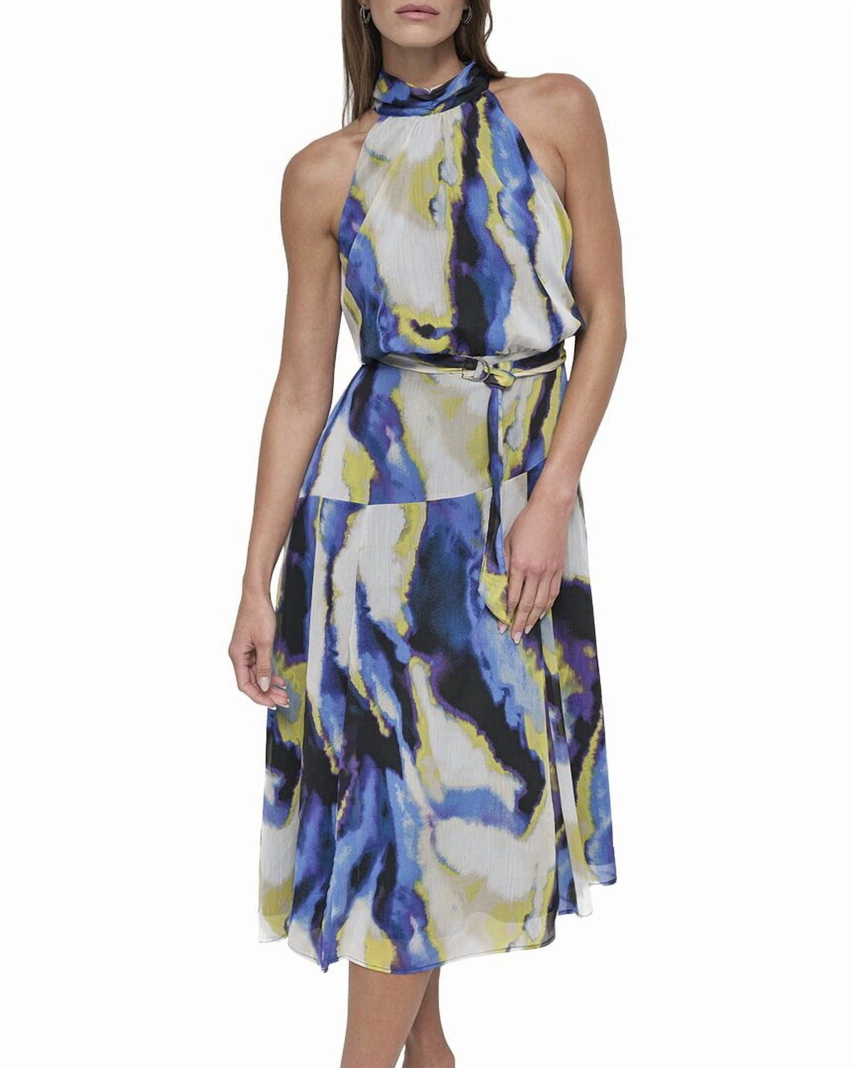 thumbnail image 1 of DKNY Women's High Neckline Sleeveless Halter Chiffon Dress Vertical Wave (Vertical Wave, 2), 1 of 3