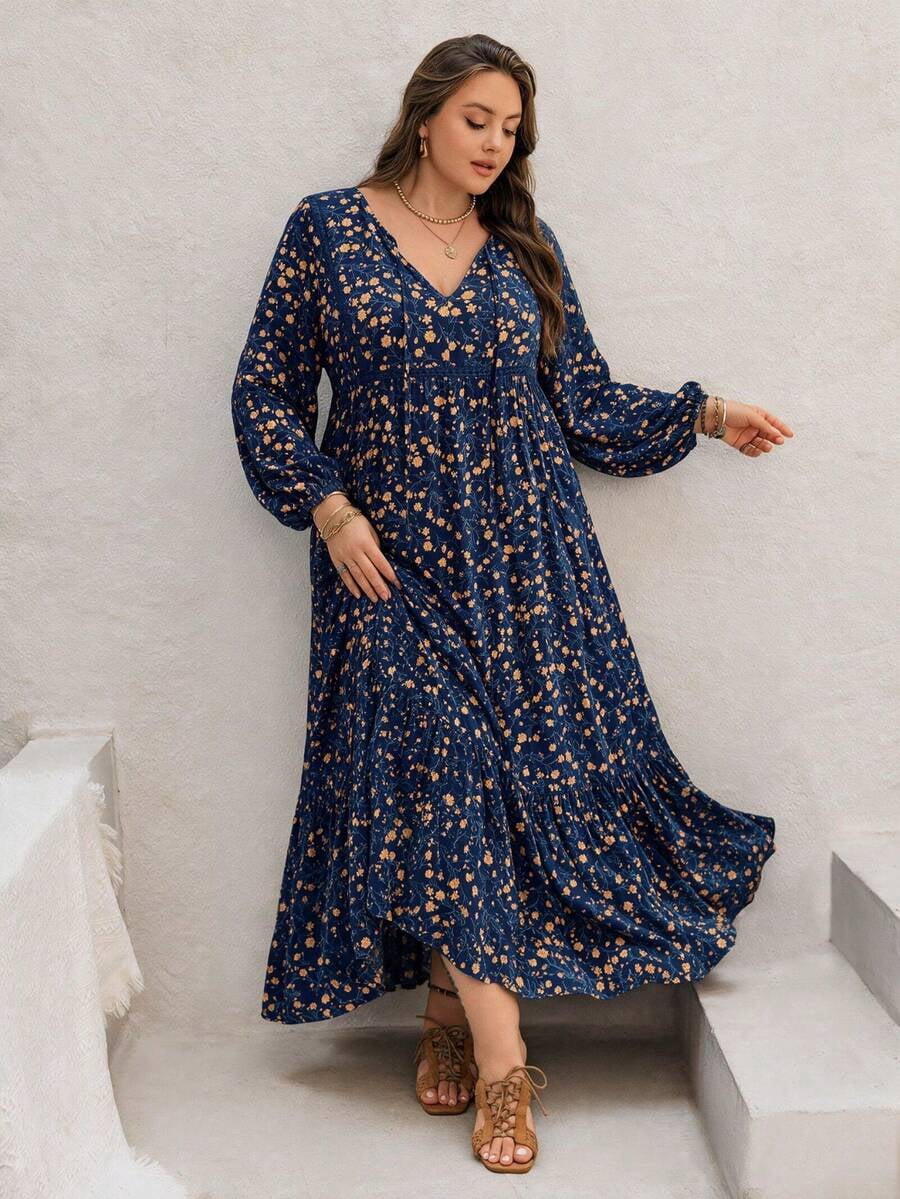 thumbnail image 1 of Dark Blue Plus Size Autumn Floral V-Neck Long Sleeve Tiered Maxi Dress, 1 of 9