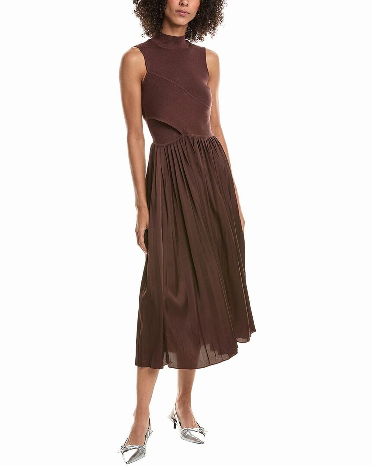 thumbnail image 1 of Derek Lam 10 Crosby womens Maizie Mock Neck Pleated Sweaterdress, s, Brown, 1 of 4